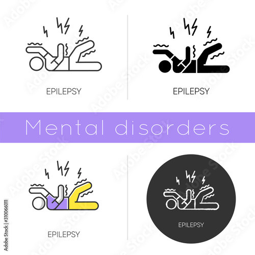 Epilepsy icon. Convulsive seizure. Shaking and tremor. Movement trouble. Epileptic stroke. Abnormal activity. Mental disorder. Flat design, linear and color styles. Isolated vector illustrations