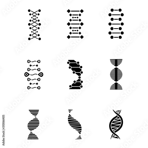 DNA double helix glyph icons set. Deoxyribonucleic, nucleic acid structure. Chromosome. Molecular biology. Genetic code. Genome. Genetics. Medicine. Silhouette symbols. Vector isolated illustration