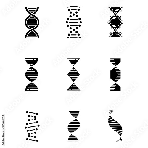DNA spirals glyph icons set. Deoxyribonucleic, nucleic acid helix. Chromosome. Spiraling strands. Molecular biology. Genetic code. Genome. Genetics. Silhouette symbols. Vector isolated illustration