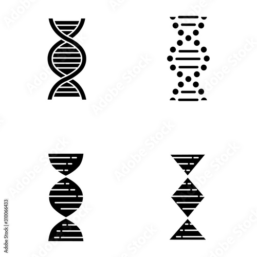 DNA spiral strands glyph icons set. Deoxyribonucleic, nucleic acid helix. Spiraling strands. Chromosome. Molecular biology. Genetic code. Genetics. Silhouette symbols. Vector isolated illustration