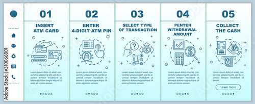 Payment guide onboarding mobile web pages vector template. Select transaction type. Responsive smartphone website interface idea, linear illustrations. Webpage walkthrough step screens. Color concept