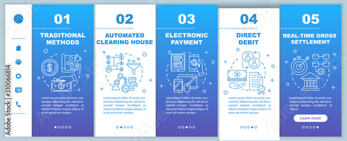 Payment methods onboarding mobile web pages vector template. Electronic payment. Responsive smartphone website interface idea with linear illustrations. Webpage walkthrough step screens. Color concept
