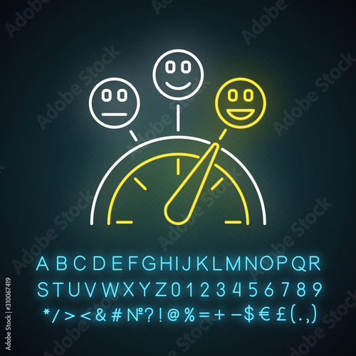 Satisfaction level neon light icon. Good and bad experience. Emotion meter. Positive, negative. Scale with emoticons. Glowing sign with alphabet, numbers and symbols. Vector isolated illustration