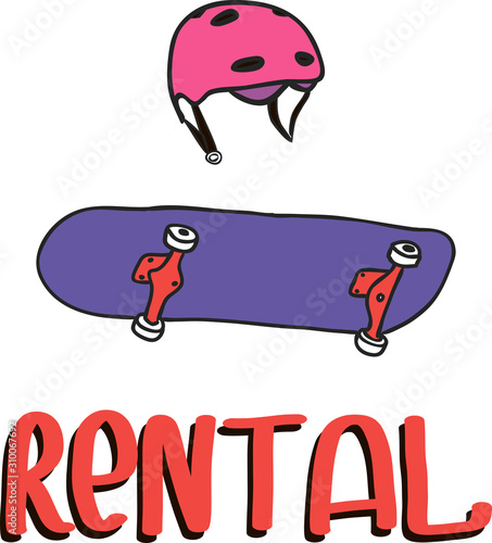 Skateboard rental point. Rental poster for summer business. Inscription for poster, booklet, banners, flyer, promotions, advertising. Vector isolated on white background.