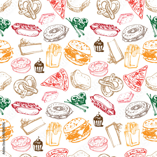 Painted color ink sketch of fast food pattern set vector