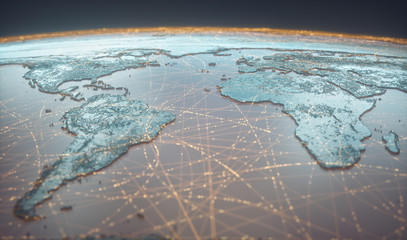 Globalized world, the future of digital technology. Connections and cloud computing in the virtual world. World map with satellite data connections. Connectivity across the world.