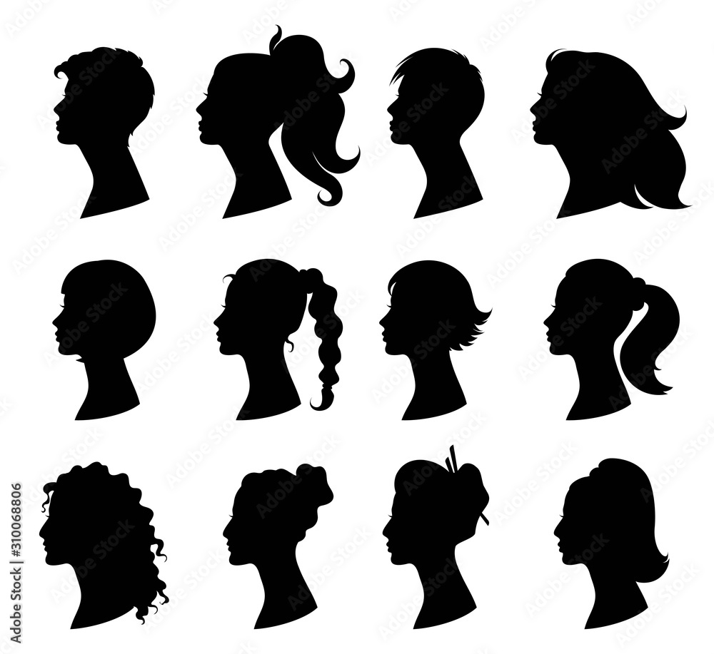 Hair style woman. Beautiful girls with variety of fashionable hairstyles.  Design element for beauty salon and hairdresser. Skin and hair care.  Isolated black silhouette. Vector illustration Stock Vector | Adobe Stock