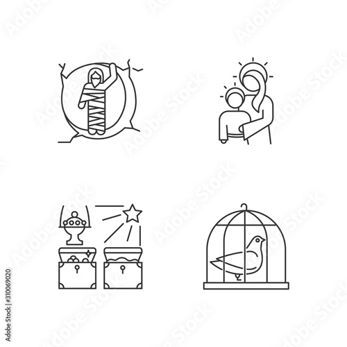 Bible narratives linear icons set. Resurrected Lazarus, Virgin Mary with son Jesus, gifts of the magi, pigeon in cage. Thin line contour symbols. Isolated vector outline illustrations. Editable stroke
