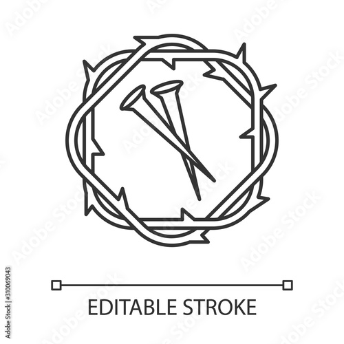Crown of thorns and nails linear icon. Symbols of Passion of Jesus Christ. Easter wreath, spikes. Good Friday. Thin line illustration. Contour symbol. Vector isolated outline drawing. Editable stroke