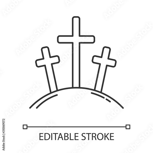 Calvary hill linear icon. Three crosses at Golgotha mountain. Crucifixion of Jesus Christ. Good Friday. Thin line illustration. Contour symbol. Vector isolated outline drawing. Editable stroke