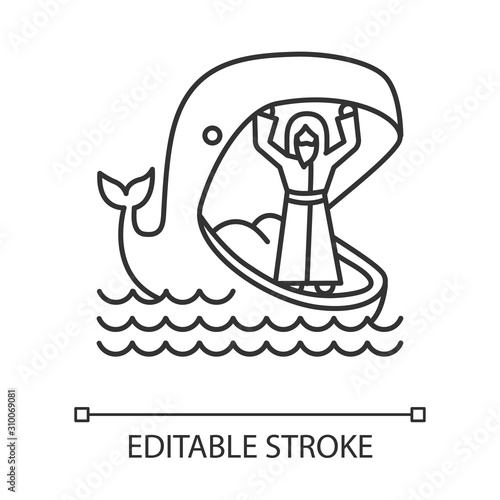 Jonah and whale linear icon. Old Testament story. Jonahs miraculous return from jaws of huge fish. Thin line illustration. Contour symbol. Vector isolated outline drawing. Editable stroke