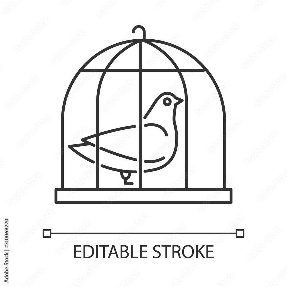 Pigeon in cage linear icon. Captive bird. Harbinger of peace. Nightingale in captivity. Symbol of purity. Thin line illustration. Contour symbol. Vector isolated outline drawing. Editable stroke Pigeon in cage linear icon. Captive bird. Harbinger of peace. Nightingale in captivity. Symbol of purity. Thin line illustration. Contour symbol. Vector isolated outline drawing. Editable stroke