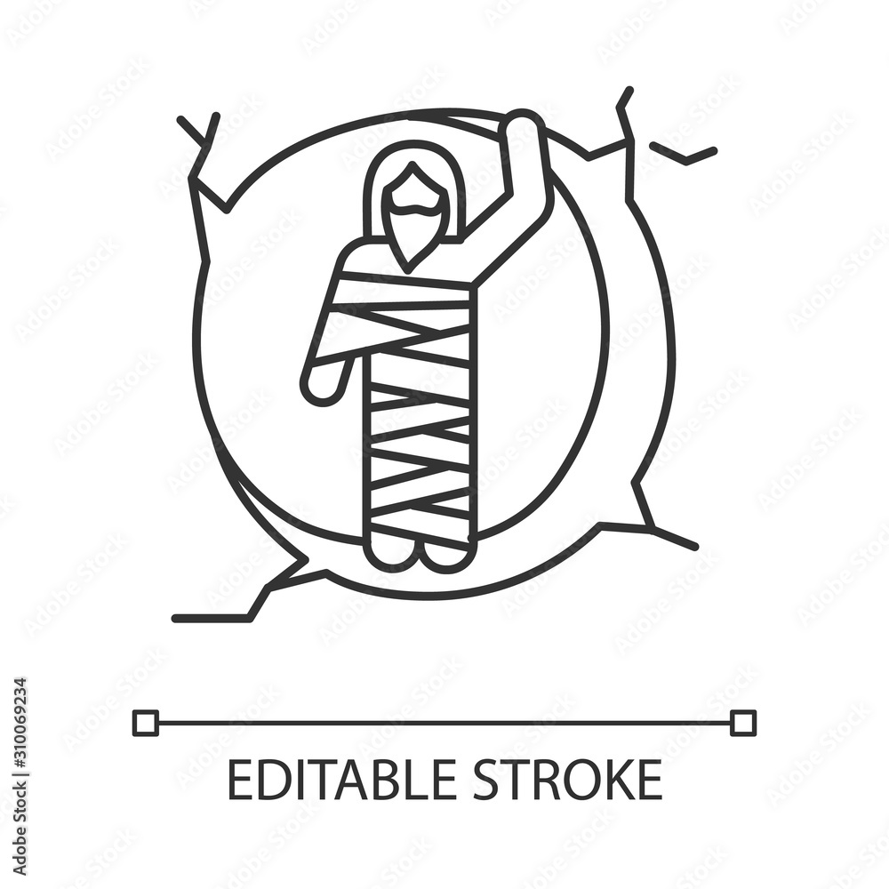 Raising of Lazarus linear icon. Christ resurrection from tomb. Man in shroud at entrance to cave. Resurrection. Thin line illustration. Contour symbol. Vector isolated outline drawing. Editable stroke Raising of Lazarus linear icon. Christ resurrection from tomb. Man in shroud at entrance to cave. Resurrection. Thin line illustration. Contour symbol. Vector isolated outline drawing. Editable stroke