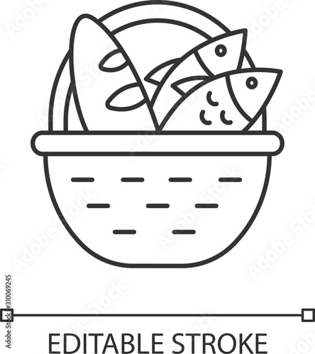 Bread and fish in basket linear icon. Feeding the multitude. Holy week. Miracle of Christ. New Testament. Thin line illustration. Contour symbol. Vector isolated outline drawing. Editable stroke