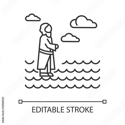 Jesus walking on water linear icon. Miracles of Jesus Christ. New Testament. Bible narrative. Thin line illustration. Contour symbol. Vector isolated outline drawing. Editable stroke
