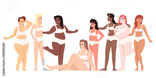 Women dressed in lingerie flat vector illustration. Body positive and feminism. Plus size figure. Smiling ladies of different nationalities isolated cartoon character on white background