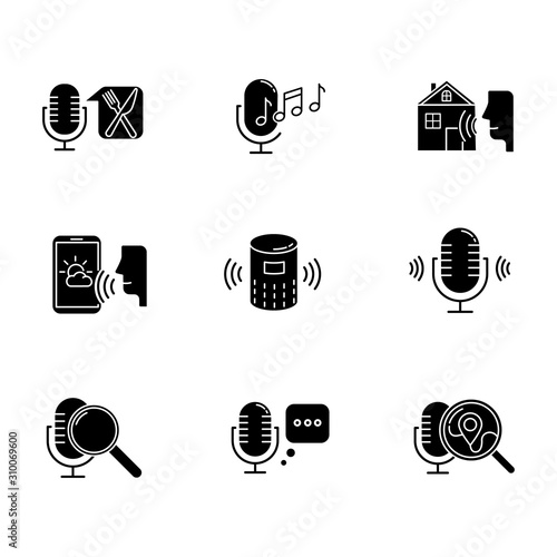 Voice control system glyph icons set. Sound requests idea. Music recognition, sound record. Virtual asisstance, standart voice commands. Silhouette symbols. Vector isolated illustration