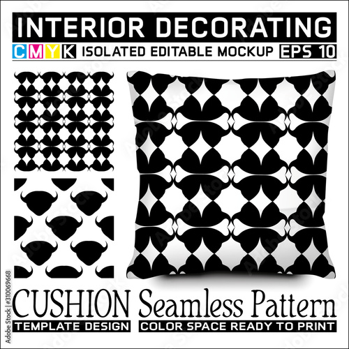 Abstract ornamental style in cmyk color space black and white. Seamless pattern with cushion mockup for interior decorating.