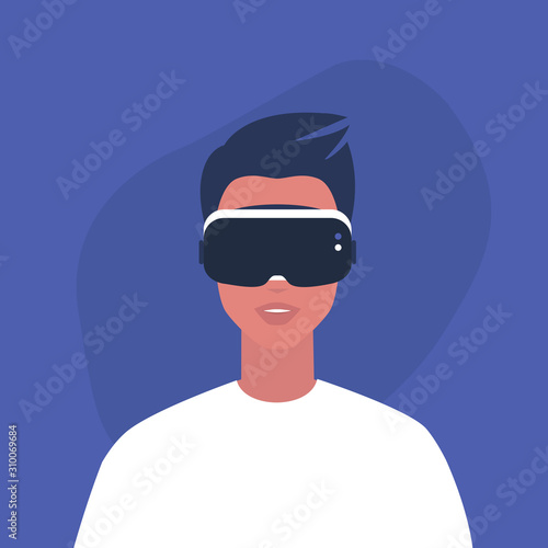 Young male character wearing a virtual reality headset, Millennial gadgets and lifestyle