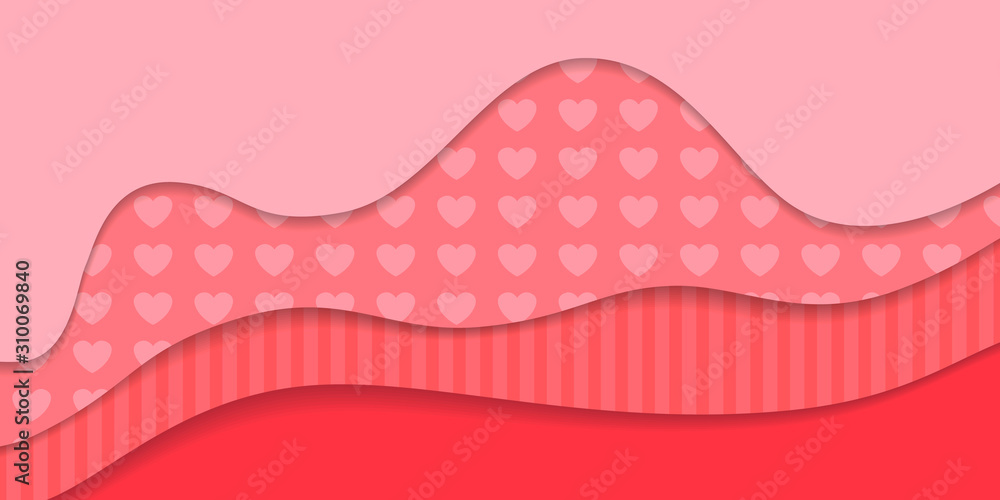 Happy Valentine's Day Background. Red vector greeting illustration with heart and stripe pattern, paper art design, abstract shape with shadows. Love symbol.