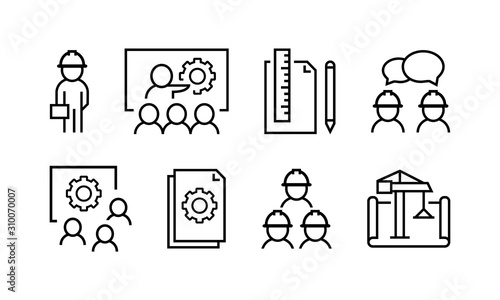 Set of engineering and design icons in linear style. People engineers and designers. Vector illustration EPS 10