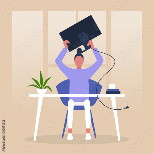 Mental breakdown, anger and despair, young female character throwing a monitor, office life, stress at work