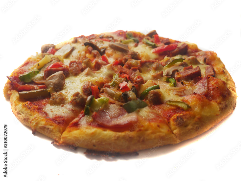 Pizza in round shape, topped with meat, ham, mushroom and veggies Pizza in round shape, topped with meat, ham, mushroom and veggies