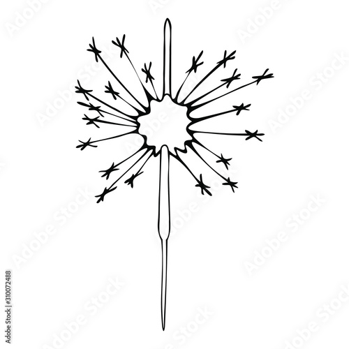 Sparkler. Bright sparks. Sketch. Vector illustration. Outline on an isolated background. Doodle style. Pyrotechnics. Coloring book for children. Christmas. New Year. Festive print. 