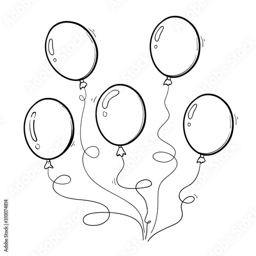 Bunch of balloons in cartoon hand drawn doodle cartoon style isolated on white background. Vector set