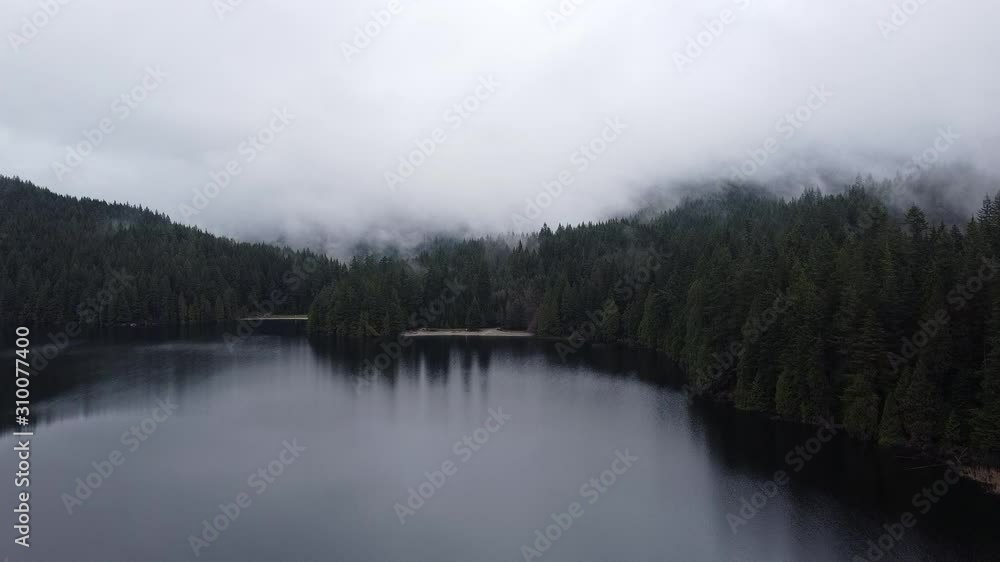 Forest covered with clouds, surrounding the lake Forest covered with clouds, surrounding the lake