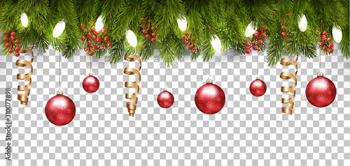 Christmas holiday frame with branches of tree and a red balls on transparent background. Vector.