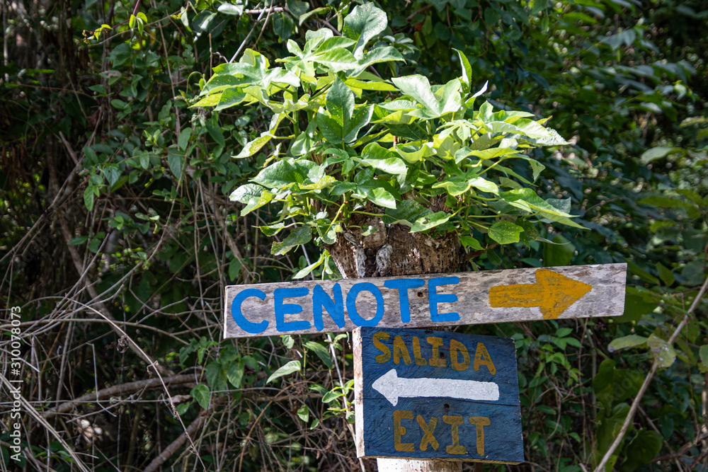 Cenote and exit signal in Quintana Roo Mexico