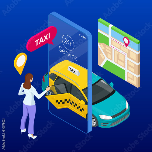 Taxi service. Mobile phone with taxi app on city background. Online mobile taxi order service app. Isometric taxi yellow cab and GPS route point pins on smartphone and touchscreen