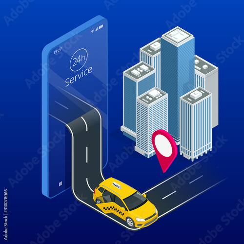 Taxi service. Mobile phone with taxi app on city background. Online mobile taxi order service app. Isometric taxi yellow cab and GPS route point pins on smartphone and touchscreen