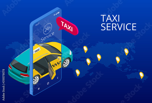 Taxi service. Mobile phone with taxi app on city background. Online mobile taxi order service app. Isometric taxi yellow cab and GPS route point pins on smartphone and touchscreen
