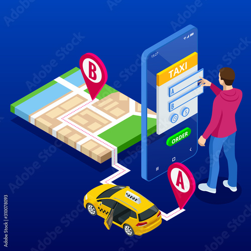 Taxi service. Mobile phone with taxi app on city background. Online mobile taxi order service app. Isometric taxi yellow cab and GPS route point pins on smartphone and touchscreen