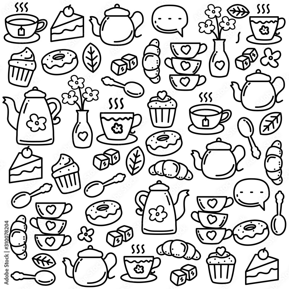 Set of tea time doodle vector illustration with cute design. Tea time doodle background Set of tea time doodle vector illustration with cute design. Tea time doodle background