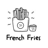 French fries vector illustration with black and white hand drawn style isolated on white background. French fries doodle 