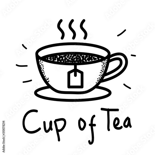 Cup of tea vector illustration with black and white hand drawn style isolated on white background. Tea doodle 