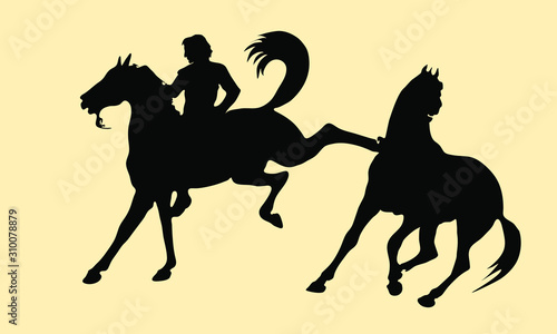 vector isolated black silhouettes of two galloping horses and a rider on beige background