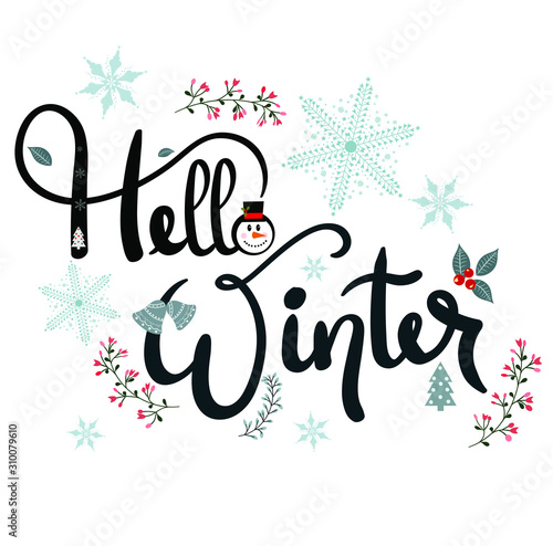 Hello Winter text decorative with snowflakes and leaves. Decoration for cards, poster, banners and more. 