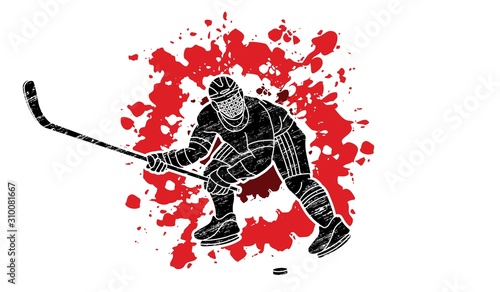 Ice hockey player action graphic vector.
