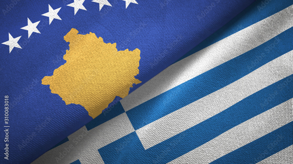 Fototapeta premium Kosovo and Greece two flags textile cloth, fabric texture