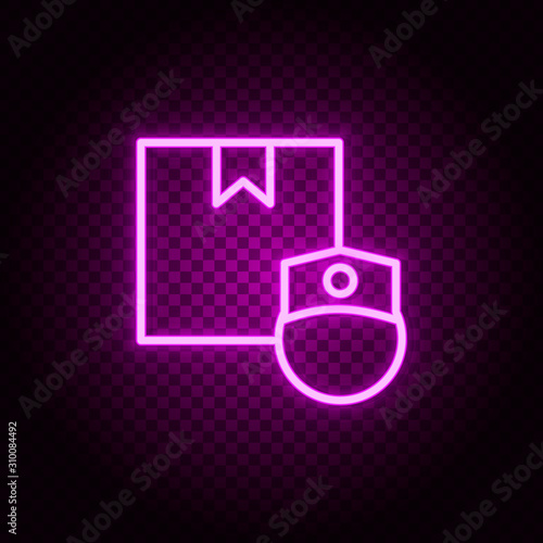 box, delivery, head, human, person neon icon. Pink neon vector icon