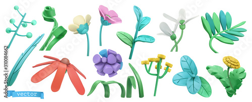 Spring grass and flowers. Cartoon. 3d vector icon set