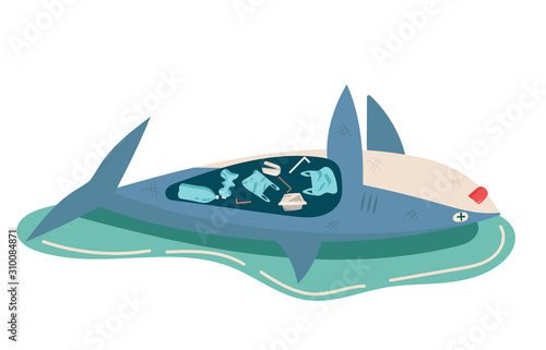 concept of environmental, sea, ocean pollution with plastic waste, bottle, garbage, trash or rubbish in animal stomach, marine life, dead shark. cartoon vector flat illustration.
