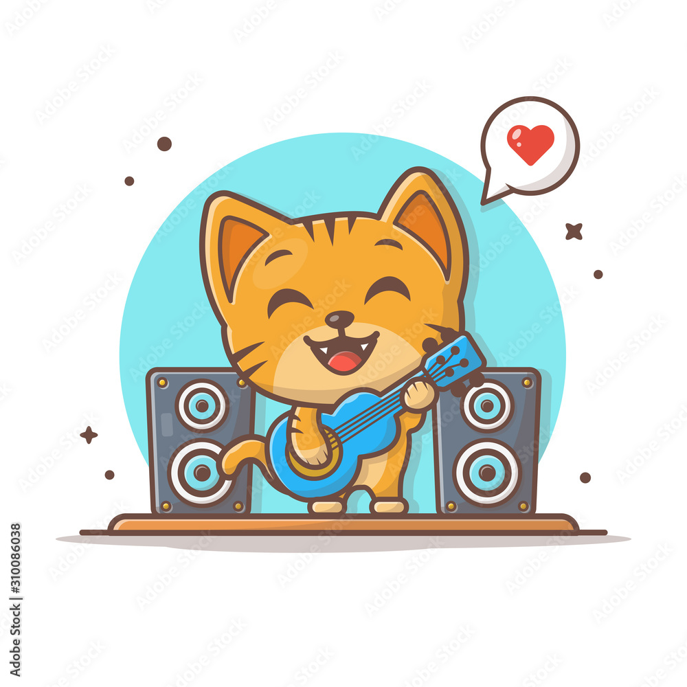 Cute Cat Playing Guitar with Speaker Vector Illustration. Cat Singing  Mascot Logo. Character. Music. Flat Cartoon Style Suitable for Web Landing  Page, Banner, Flyer, Sticker, Wallpaper, Background Stock Vector | Adobe  Stock
