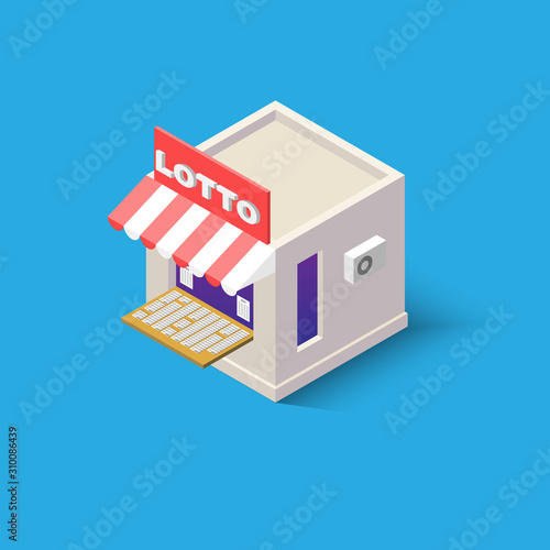 An Isometric lotto shop with stalls outside for web design online store