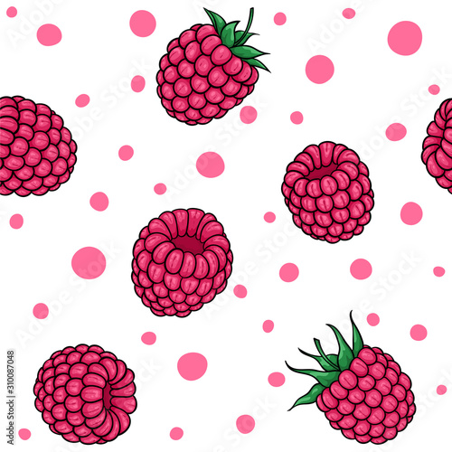 seamless pattern pink raspberries with black contour on white background, symbol of summer. design holiday greeting card and invitation of seasonal summer holidays, beach parties, tourism and travel
