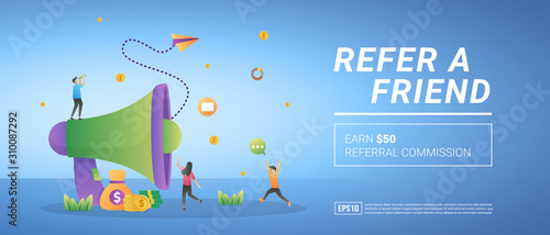 Refer a friend concept. Earn referral commission, refer a customer. Reward and marketing programs. Suitable for web landing page, marketing, advertising, promotion, banner. Vector illustration